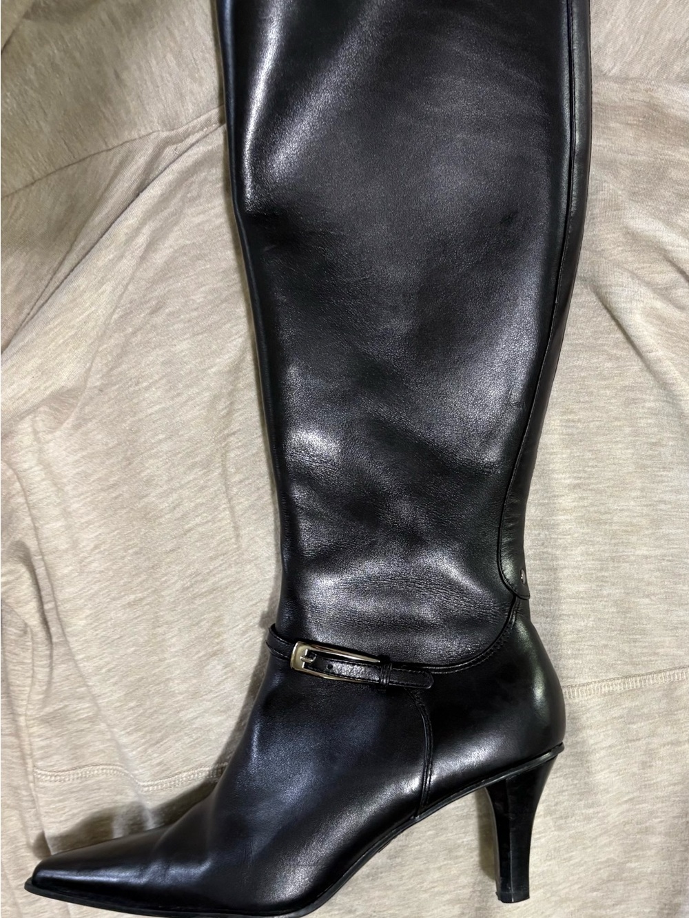 Joan & David Black Leather Knee-High Pointed-Toe Heel Boots with Ankle Buckle